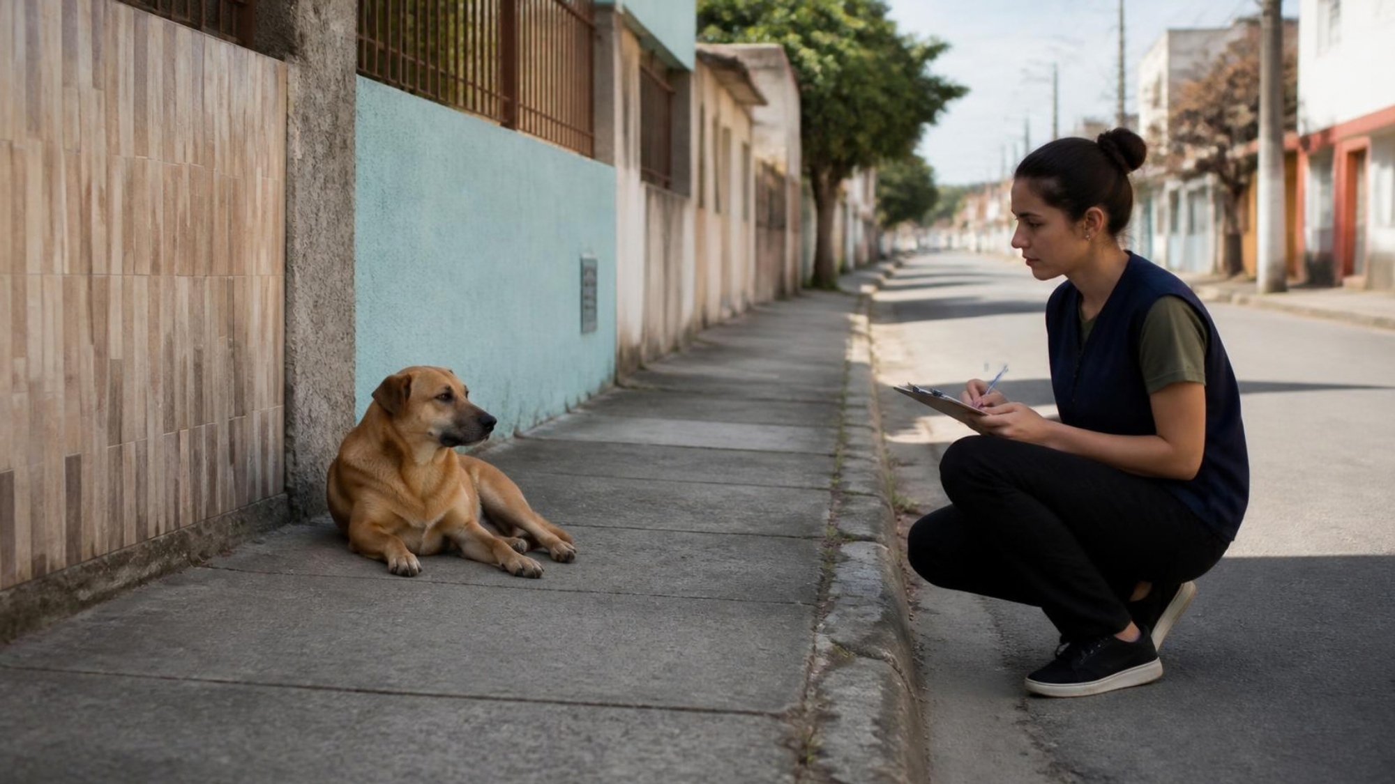 Uma voluntária agachada, com prancheta, observa de longe, como se estivesse contando os animais da rua.
