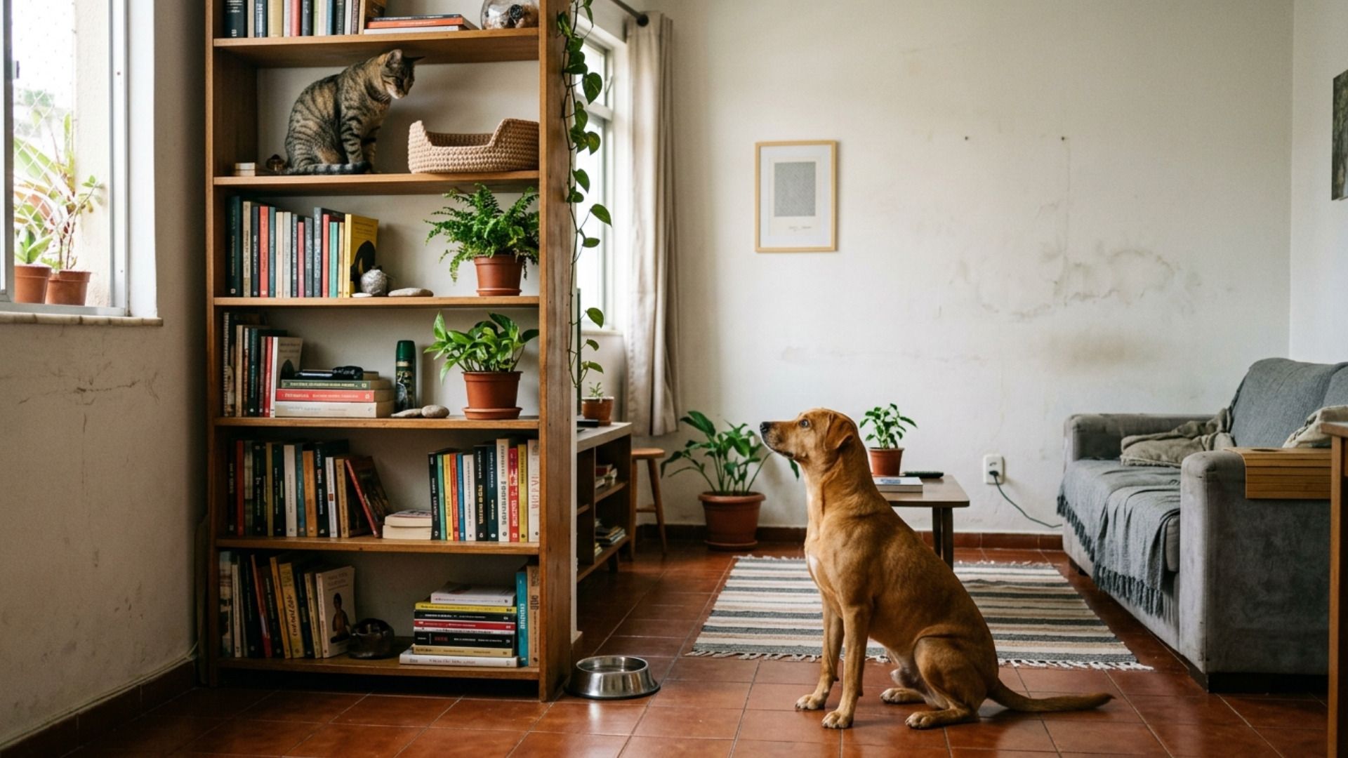 A foto realista mostra um cão sentado no chão da sala, olhando para um gato malhado tranquilo no alto de uma estante.