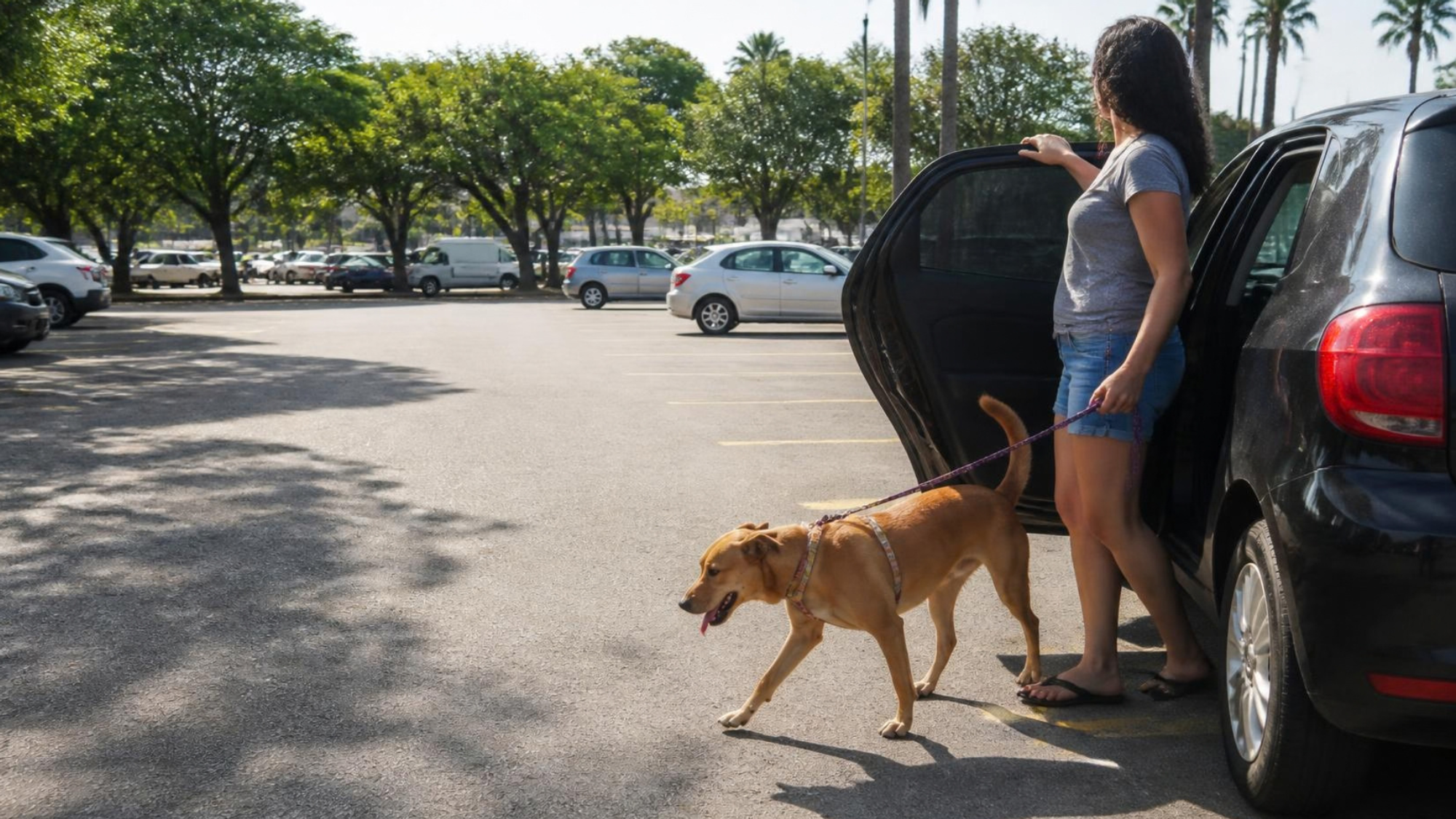 A foto mostra o jeito certo de agir e não deixar o cão preso no calor.