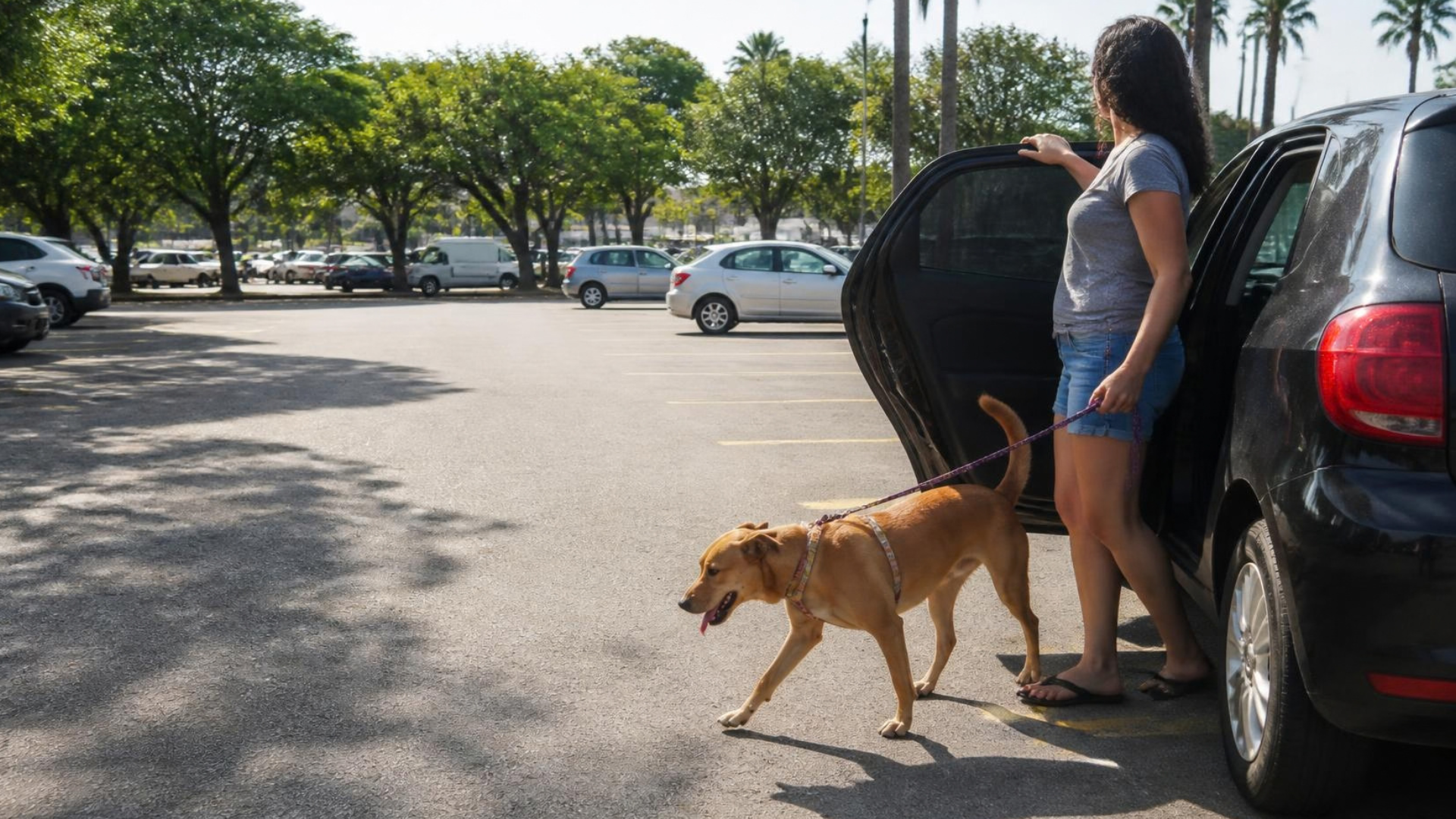 A foto mostra o jeito certo de agir e não deixar o cão preso no calor.