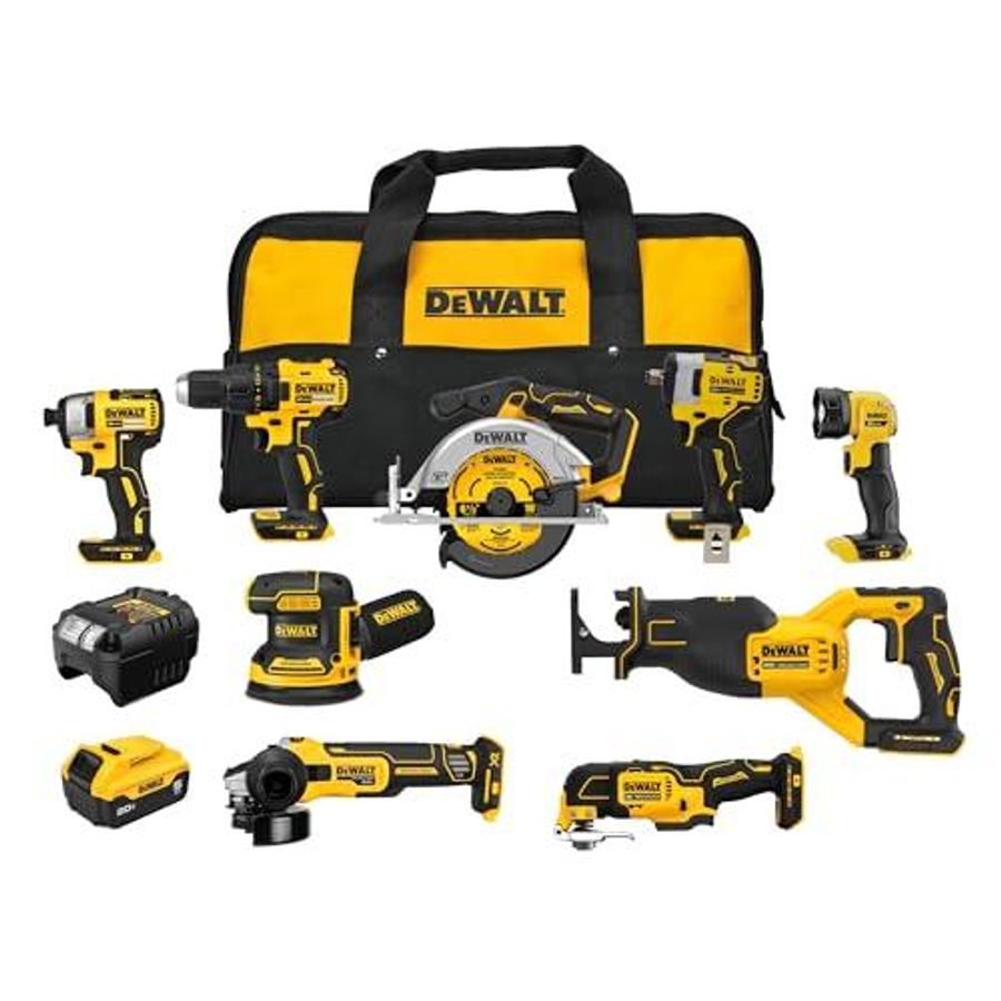 DEWALT 20V MAX 5Ah, Brushless 9 Power Tools with Battery, Charger, Drill, Impact Driver, Reciprocating Saw, Circular Saw, Oscillating Tool, Grinder, Orbit Sander, Impact Wrench, Flashlight (DCK921P1) - $749