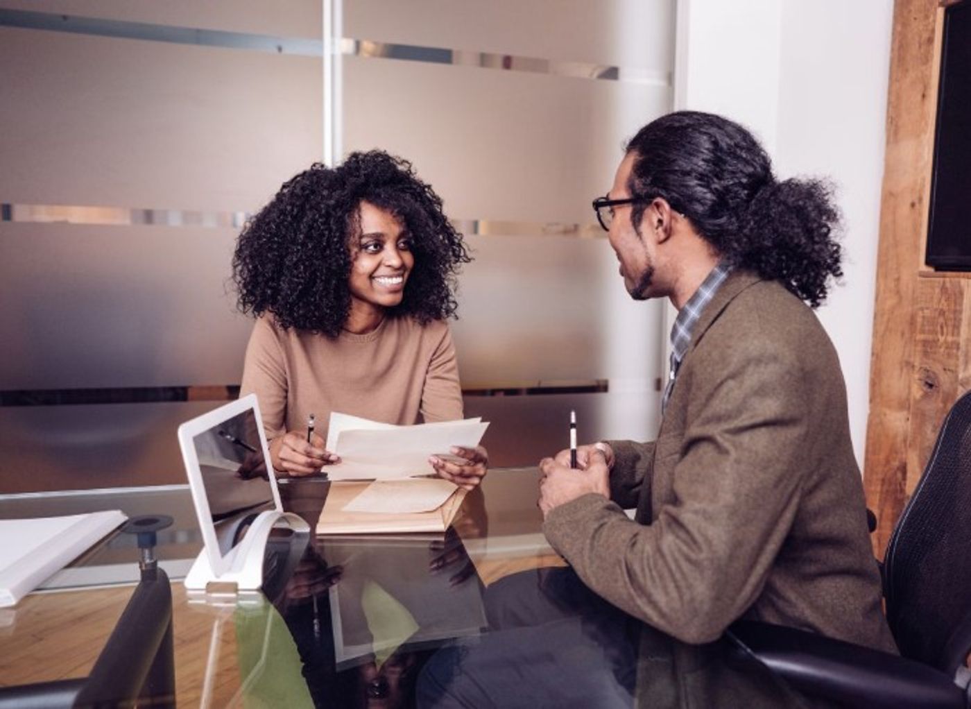 woman and man participating in a job interview