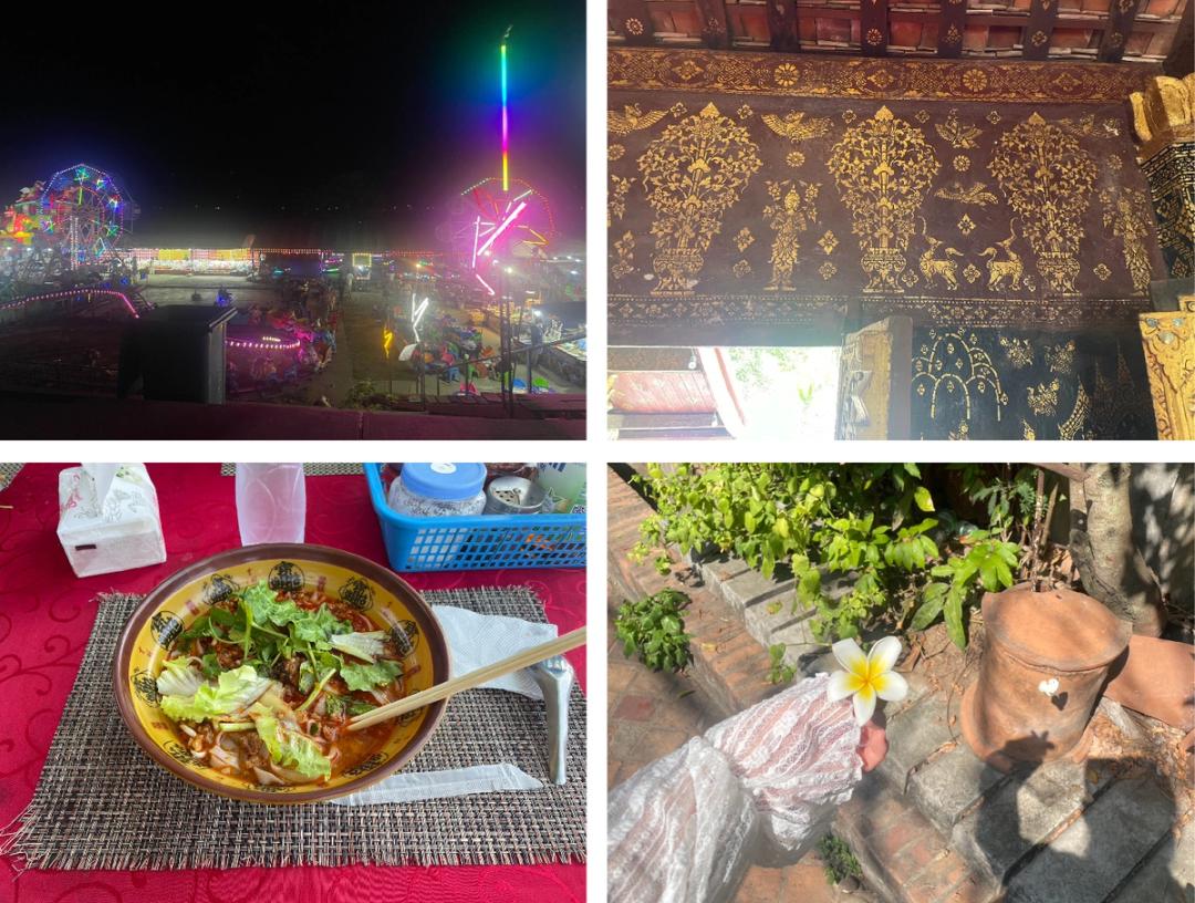 左上ギラギラナイトマーケット　左下カオソーイ（旅で一番美味しかった）　右上ゾウたちの装飾　左下プルメリア