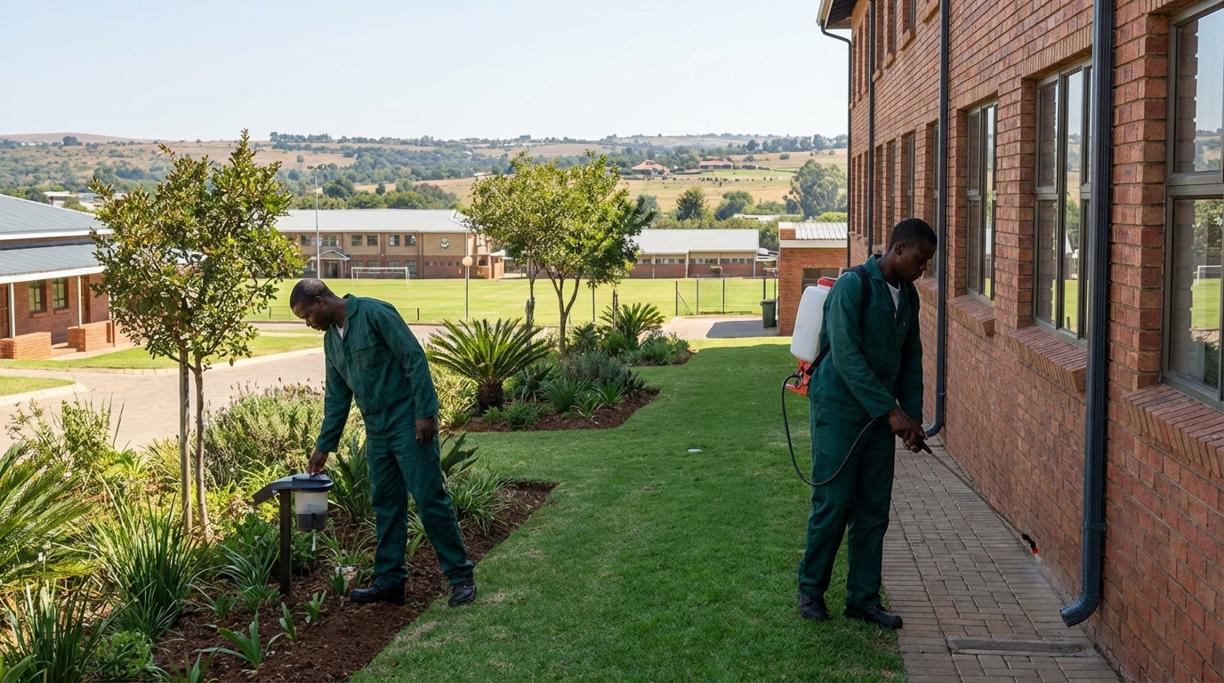 Body corporate pest control technicians managing pest activity across residential estates and shared property areas to protect residents and communal facilities.