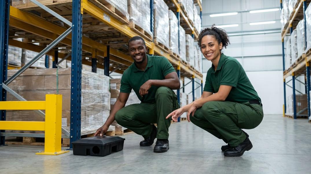 Industrial pest management technicians implementing rodent and insect control solutions inside a large commercial facility to protect operations and maintain hygiene standards.