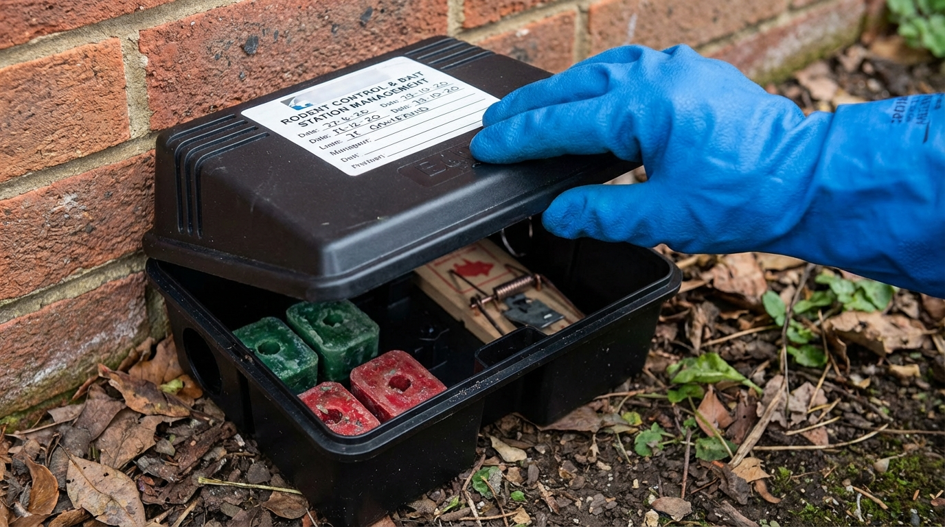 Rodent control technician installing secure bait stations around a residential and commercial property to manage rat and mouse activity.