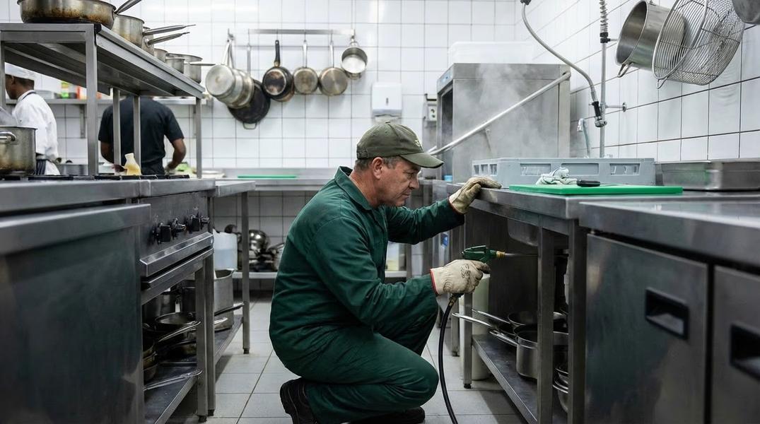 Restaurant pest control technicians treating a commercial kitchen to prevent rodents and insects and maintain food safety compliance.