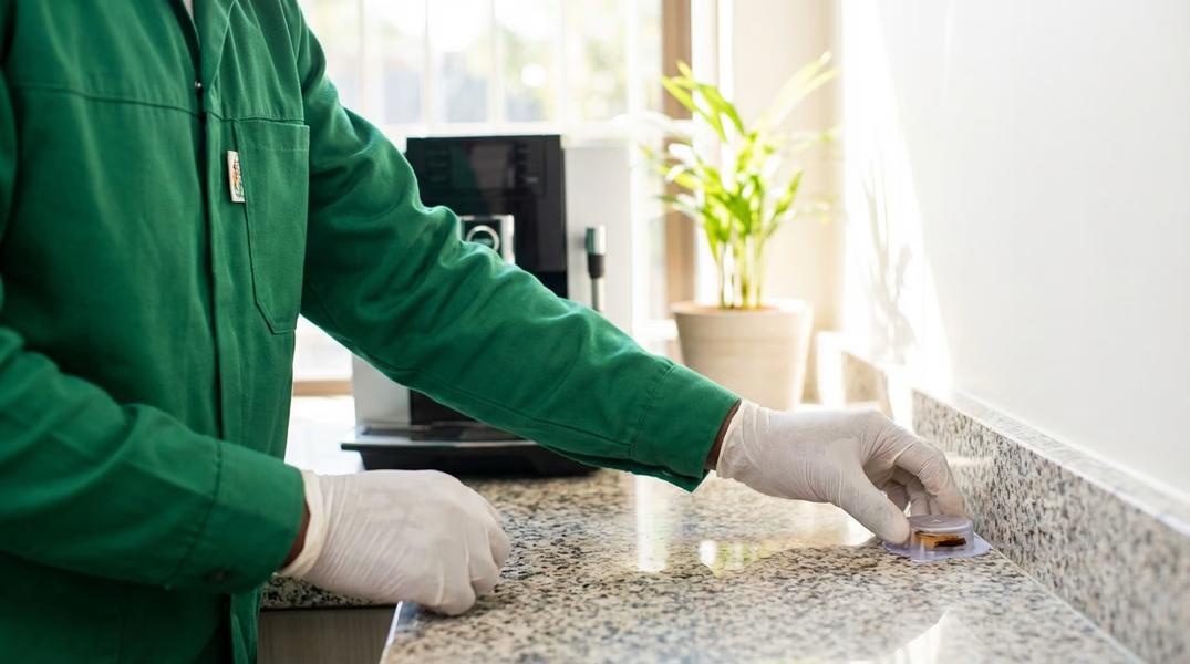 Office and retail pest control technicians treating a commercial workspace to prevent insect and rodent infestations and maintain a professional environment.