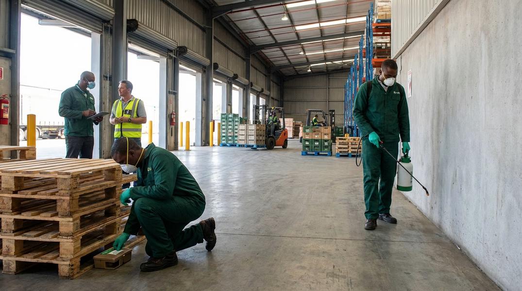 Warehouse pest control technicians applying commercial pest management solutions inside a logistics facility to protect stored goods and operational efficiency.