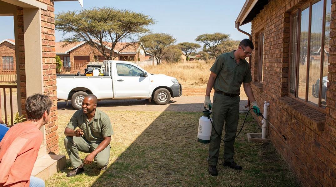 Professional residential pest control technician treating a home in Gauteng for ants and termites