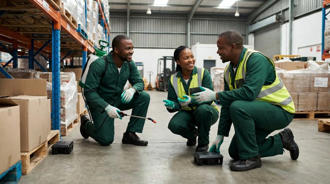 Commercial pest control technicians installing rodent bait stations in a warehouse, ensuring safe and hygienic pest management for industrial storage facilities.