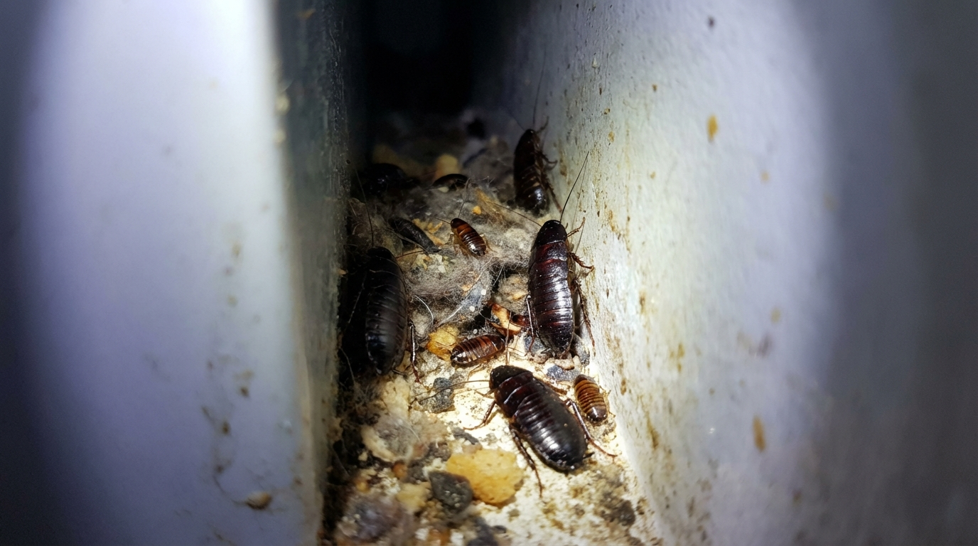 Professional cockroach extermination technician treating a kitchen and bathroom area to eliminate cockroach infestations in a residential and commercial property.