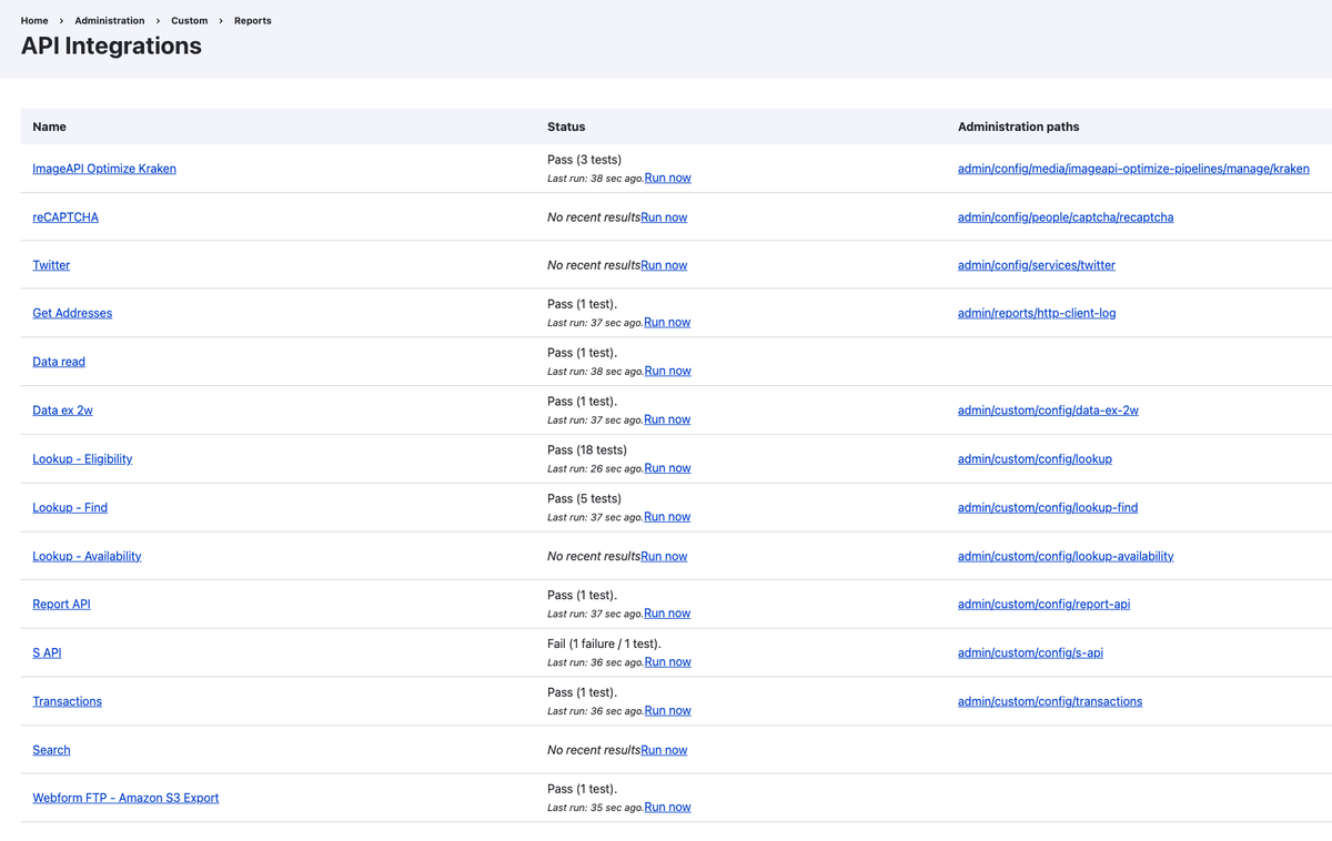 Screenshot of the API test report; a table with columns listing the endpoints and the results