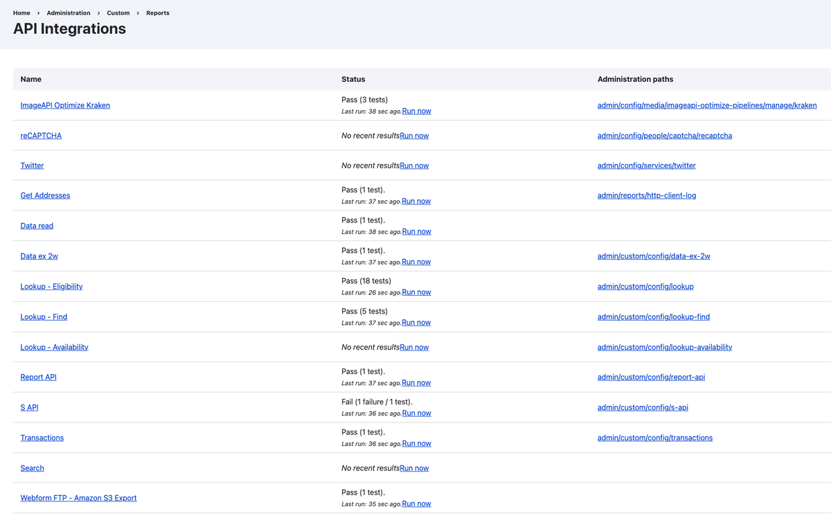 Screenshot of the API test report; a table with columns listing the endpoints and the results