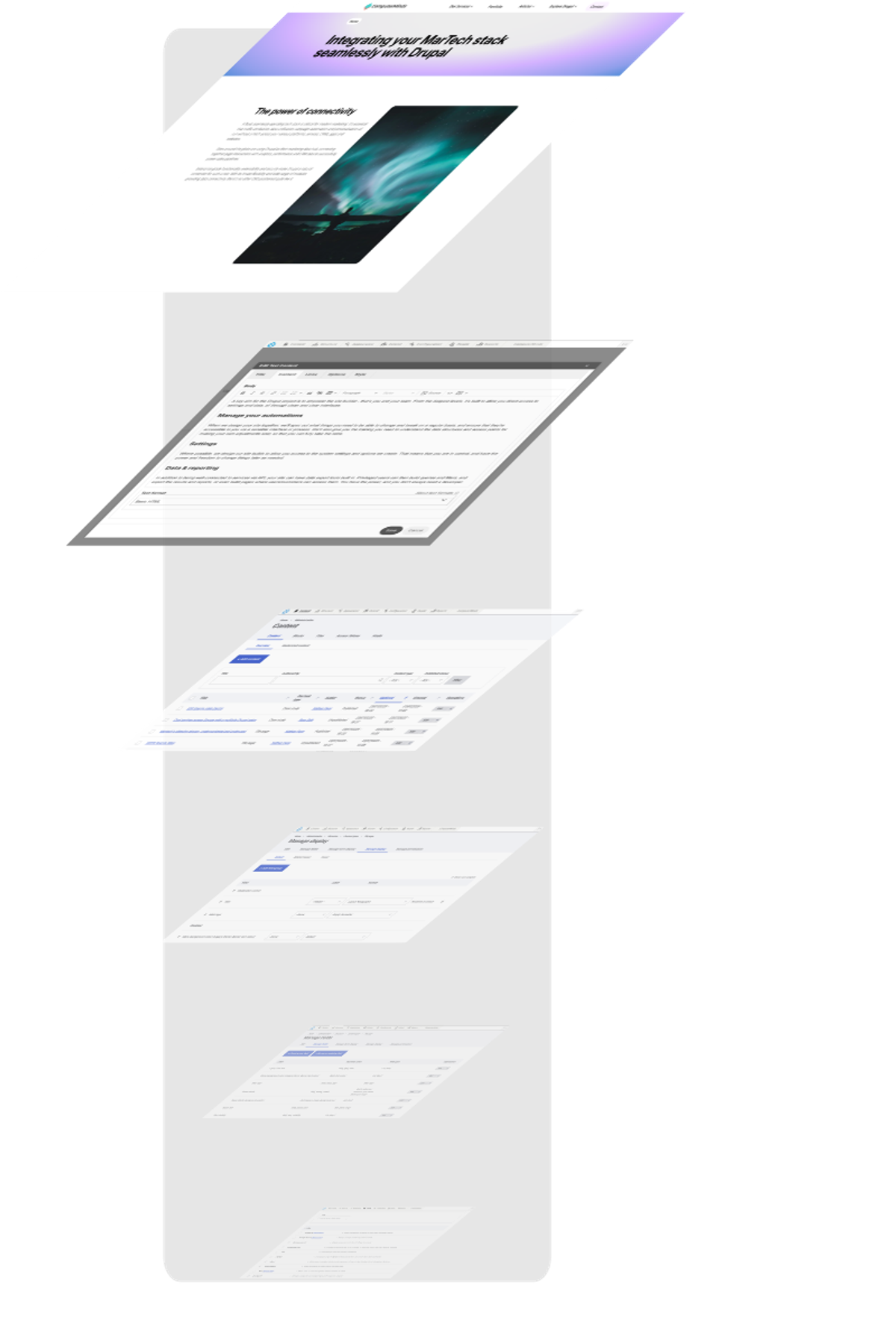 A stack of admin UI screenshots building up to the final webpage at the top