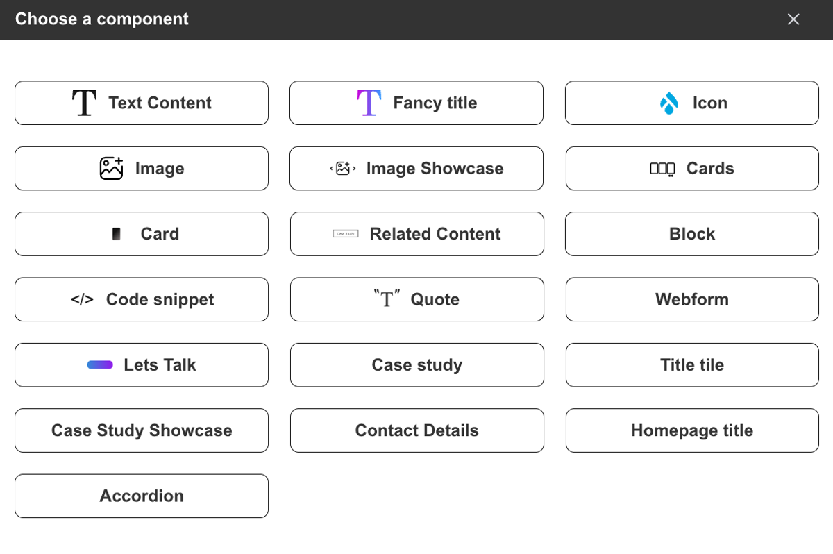 The Layout Paragraphs "Component selection" popup, with all the different elements you can add to the page