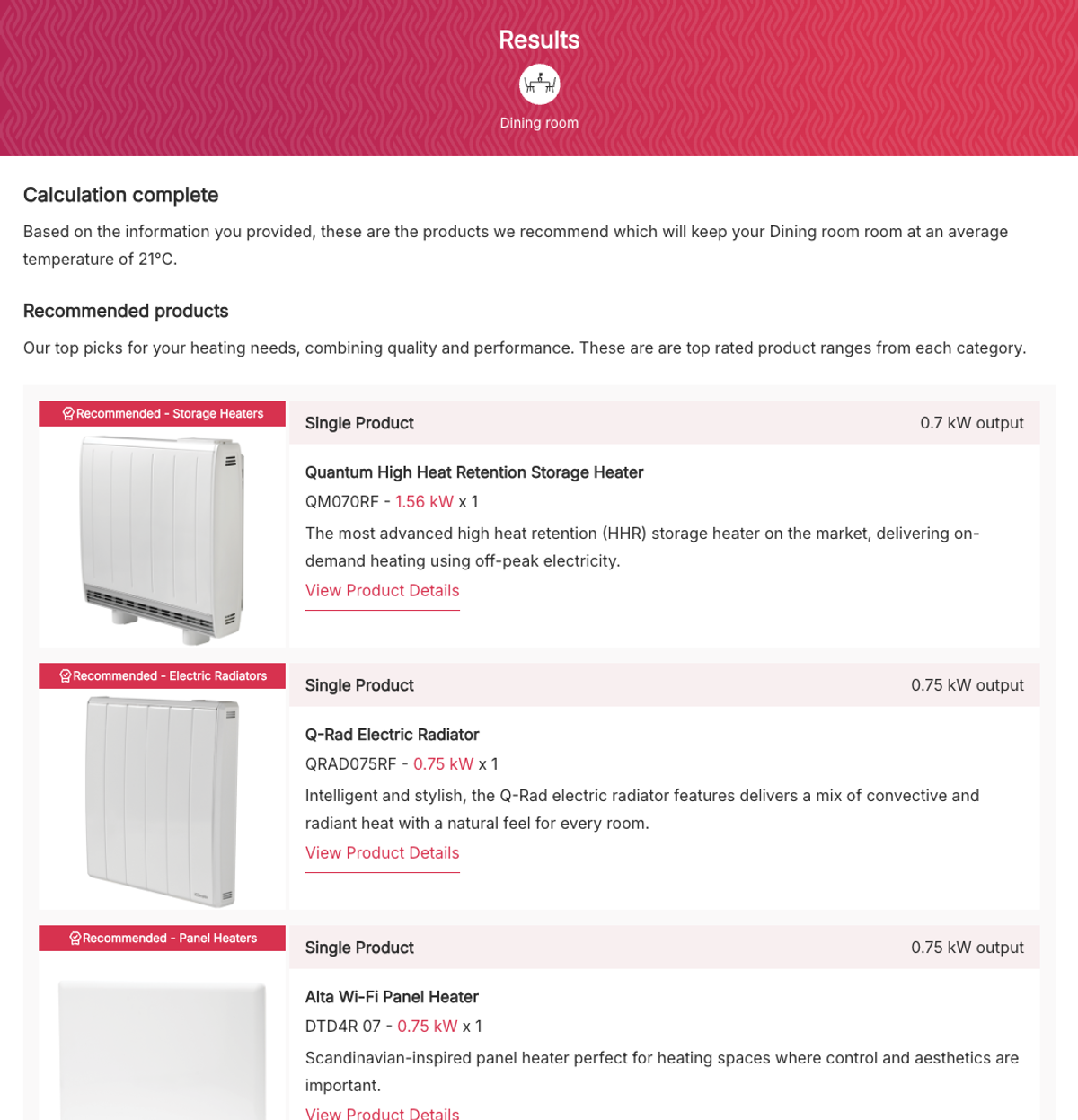 Dimplex Heating Calculator Results - some guidance followed by curated product images and links