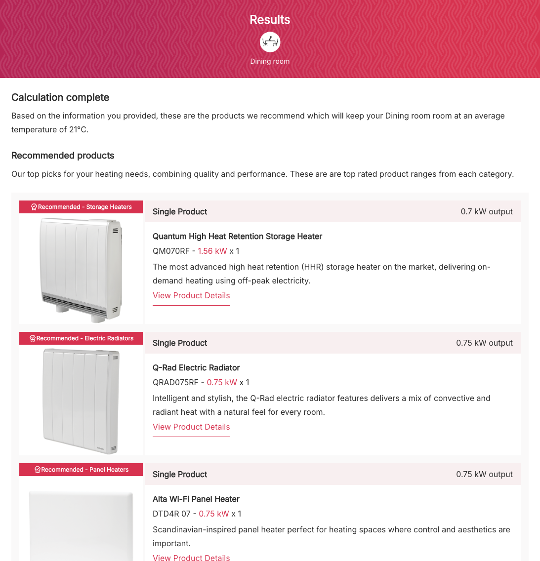 Dimplex Heating Calculator Results - some guidance followed by curated product images and links