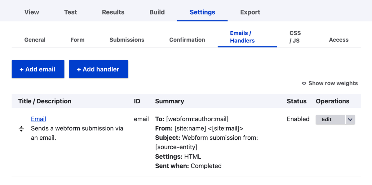 The Webform email handler interface