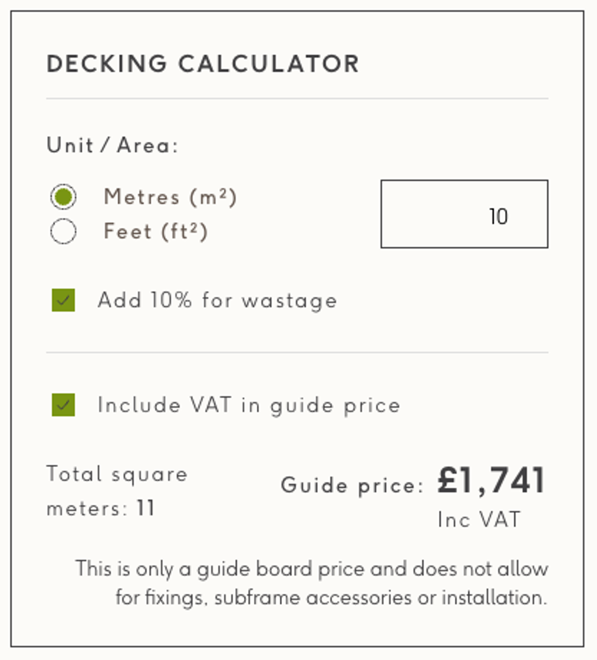 The Decking Calculator, with simple inputs for area in m2, wastage and VAT and then the final coverage and price for the boards.