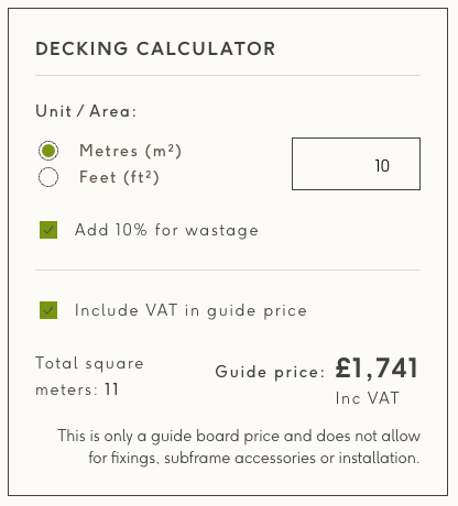 The Decking Calculator, with simple inputs for area in m2, wastage and VAT and then the final coverage and price for the boards.
