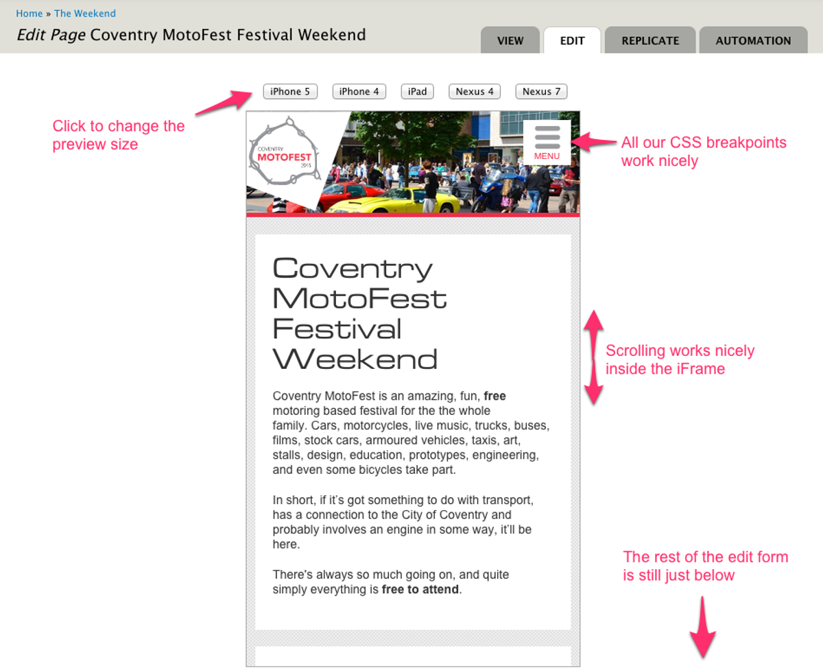 The preview functionality in action - everything works nicely inside our iFrame.