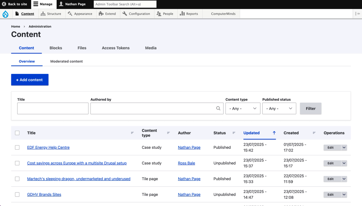 Drupal's Content administration screen