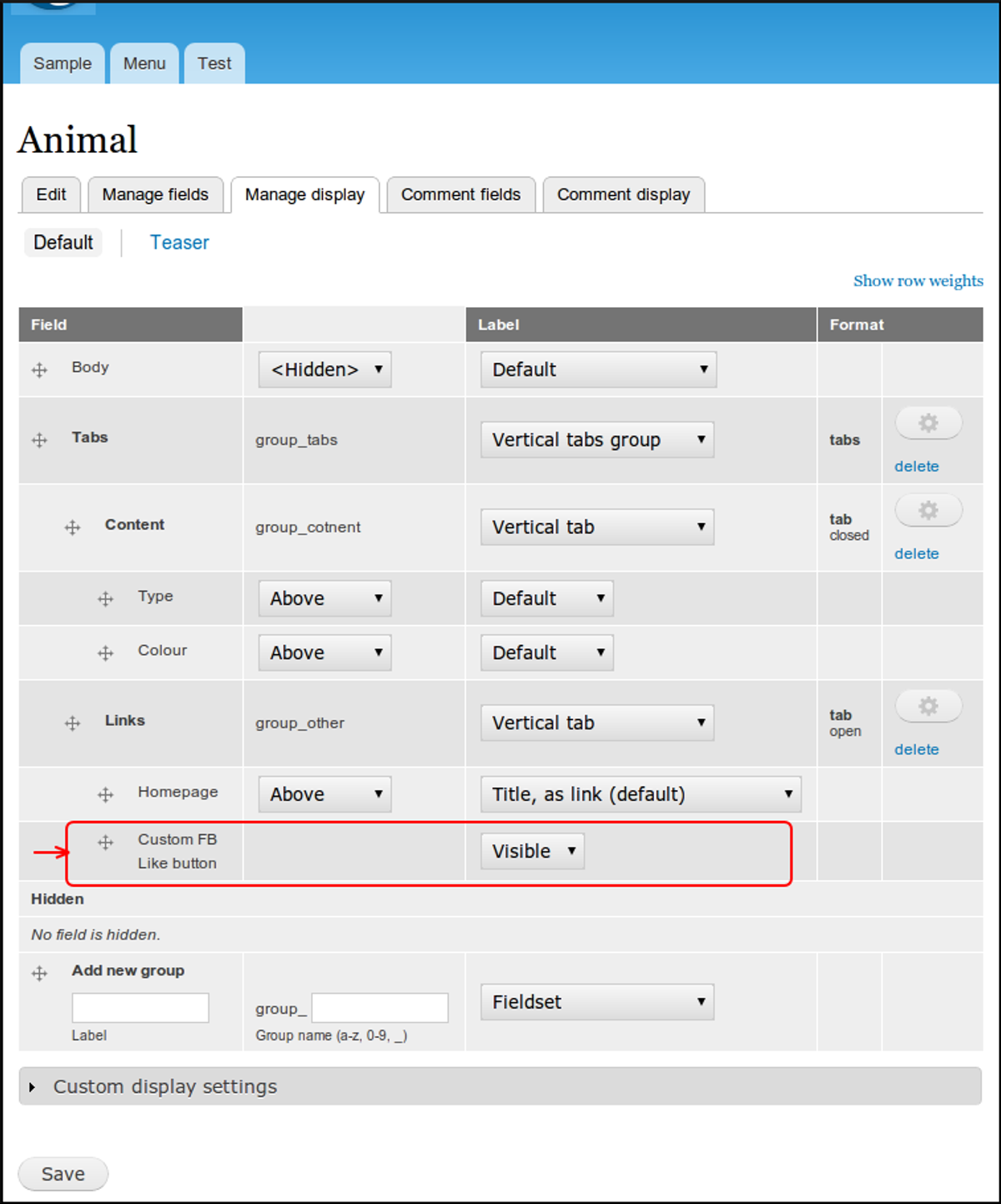 Manage extra fields and field groups