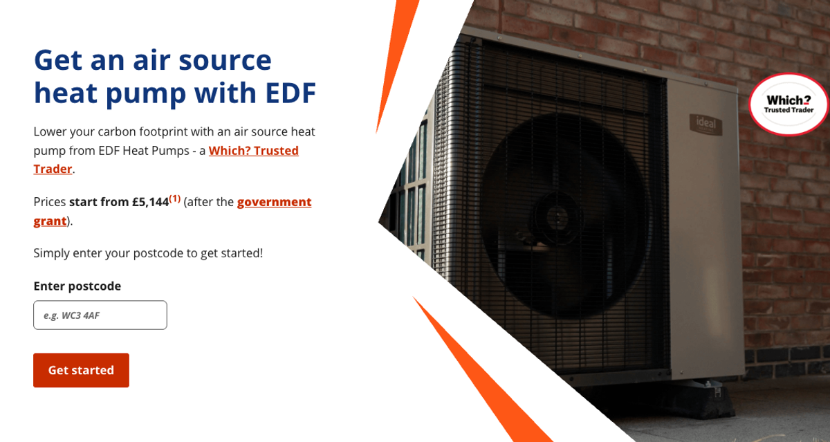 Intro to the EDF air source heat pump process on their website; postcode entry and a nice heat pump photo