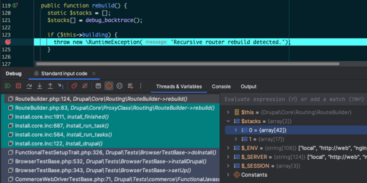 Screenshot of IDE with flow having paused at breakpoint as exception is to be thrown. The $stacks variable contains two stacks.