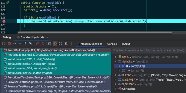 Screenshot of IDE with flow having paused at breakpoint as exception is to be thrown. The $stacks variable contains two stacks.