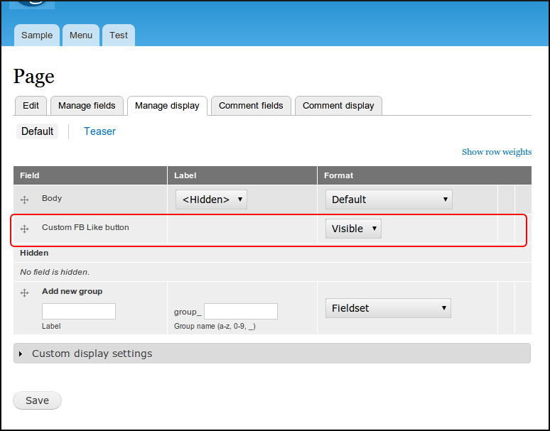 The manage fields UI