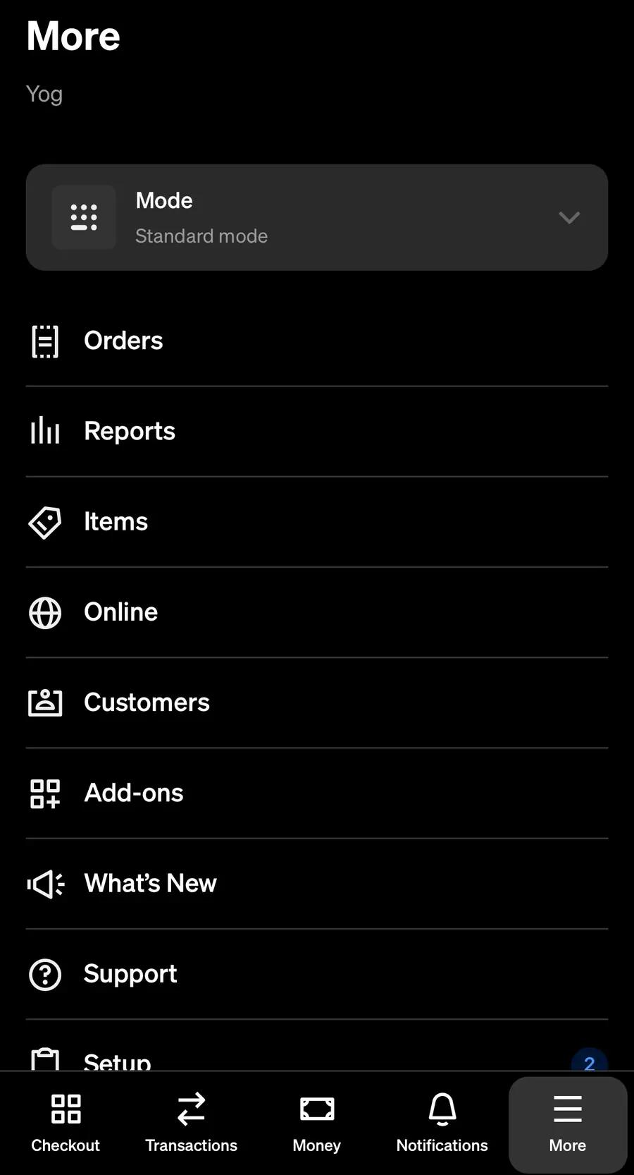 Square's More menu with Items and the More tab marked