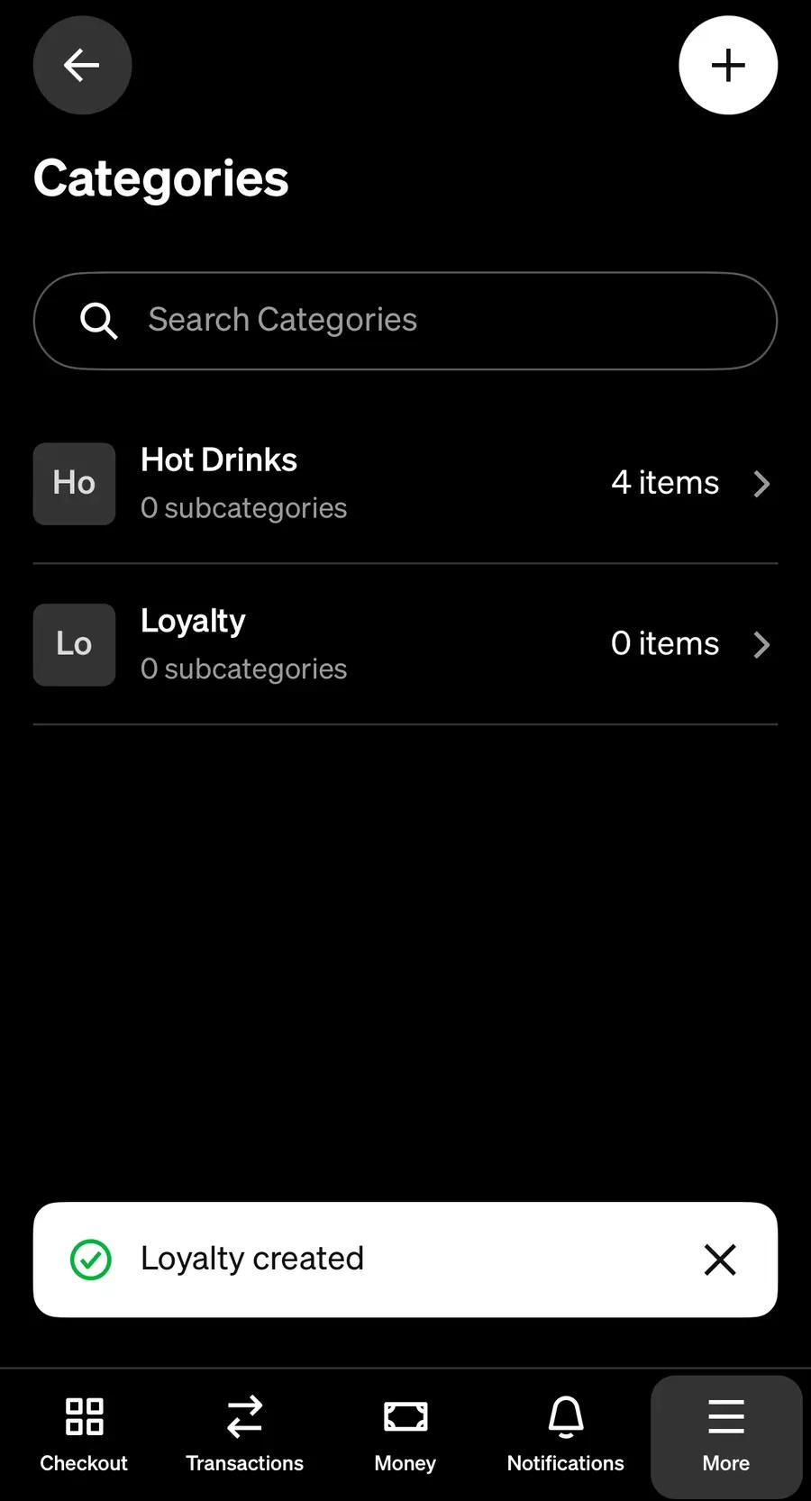 Square's Categories list with the new Loyalty category marked, and the message Loyalty created
