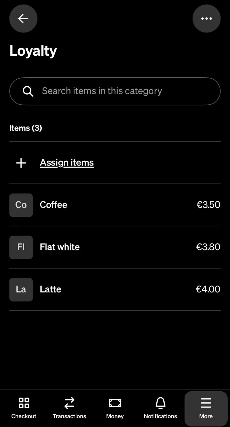 The Loyalty category listing Coffee, Flat white and Latte, marked