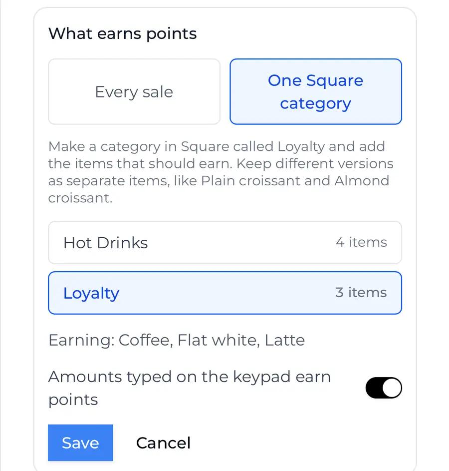 Loyalty picked, with Earning: Coffee, Flat white, Latte under the list, both marked