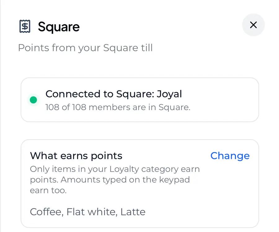 What earns points reading Only items in your Loyalty category earn points. Amounts typed on the keypad earn too, with Coffee, Flat white, Latte under it, marked