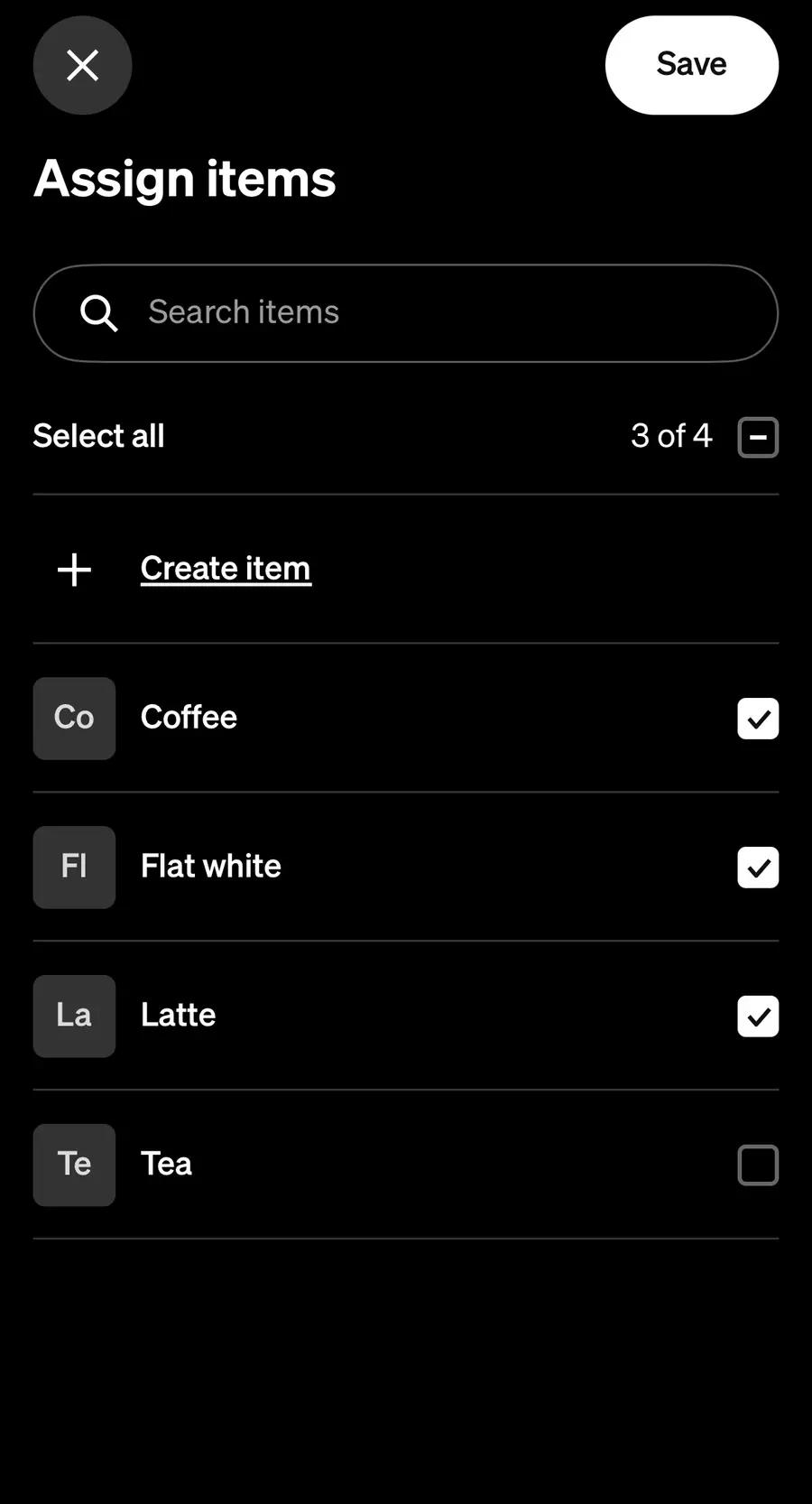 Square's Assign items list with Coffee, Flat white and Latte ticked and Tea not, with the ticked items and Save marked