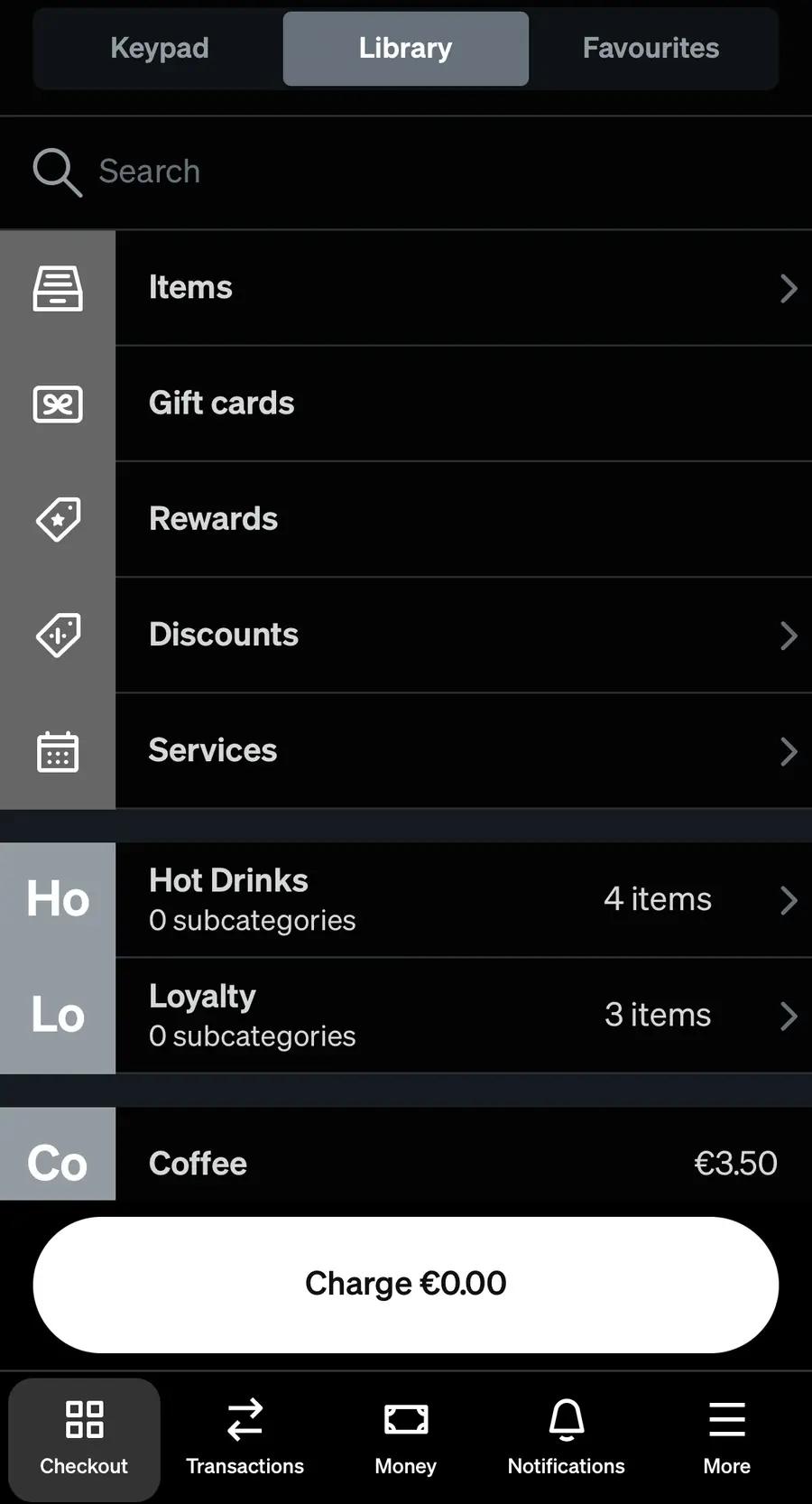 Square's Checkout Library with Hot Drinks at 4 items and Loyalty at 3 items, with the Loyalty row, the Library tab and the Checkout tab marked