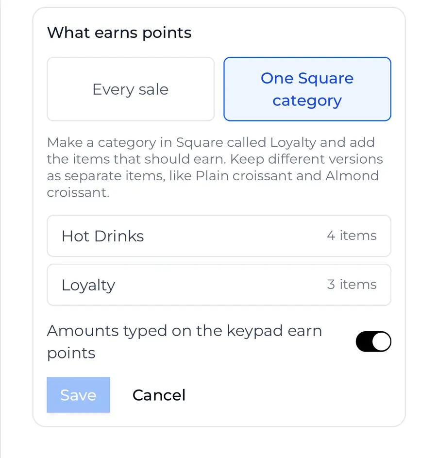 What earns points open, with One Square category marked, and Hot Drinks and Loyalty listed with their item counts