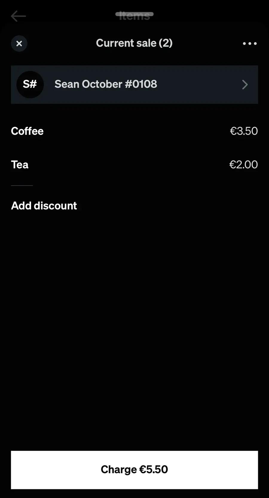Square's Current sale with the member Sean October #0108 added, a Coffee at €3.50 and a Tea at €2.00, and Charge €5.50, all marked