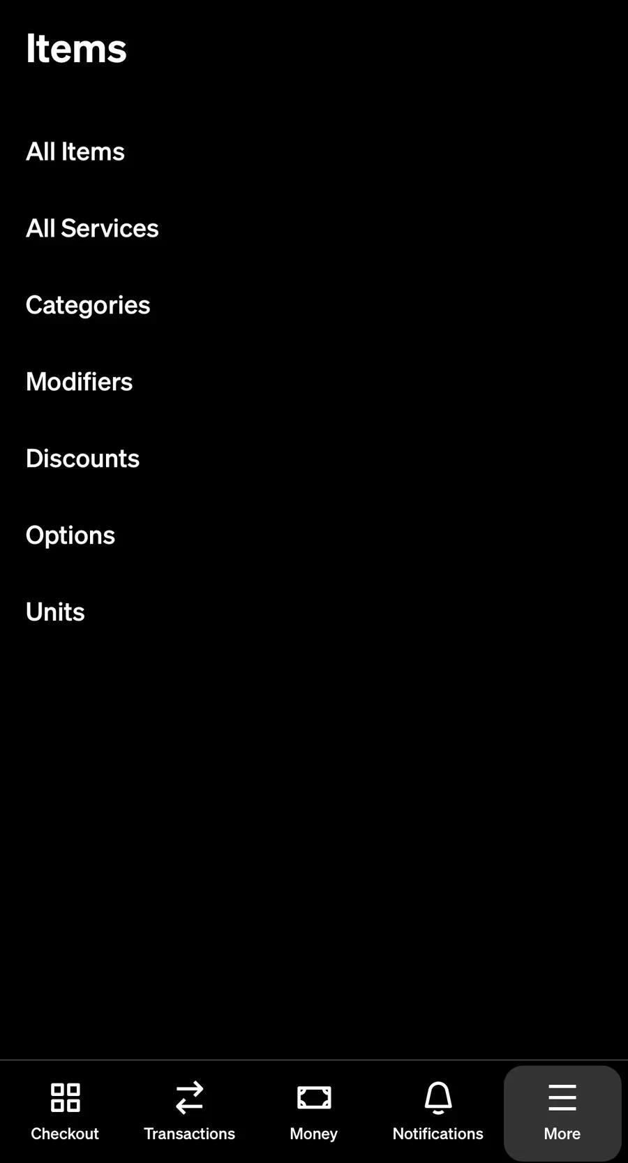 Square's Items menu with Categories marked