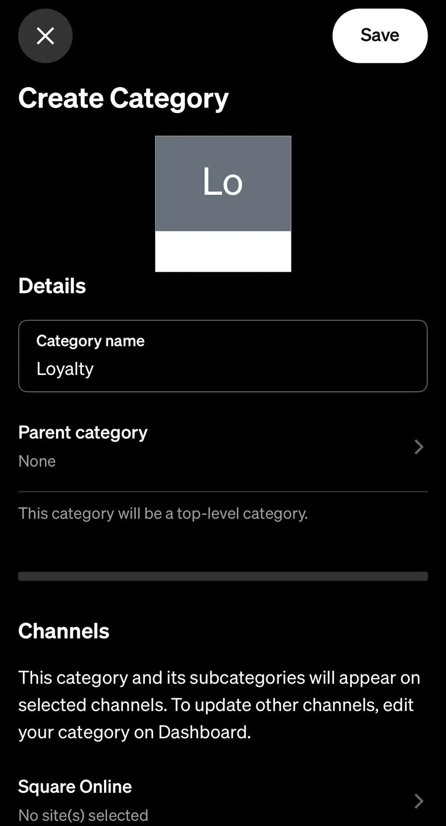 Square's Create Category screen with Loyalty typed as the Category name, Parent category on None, and Save, with the name and Save marked