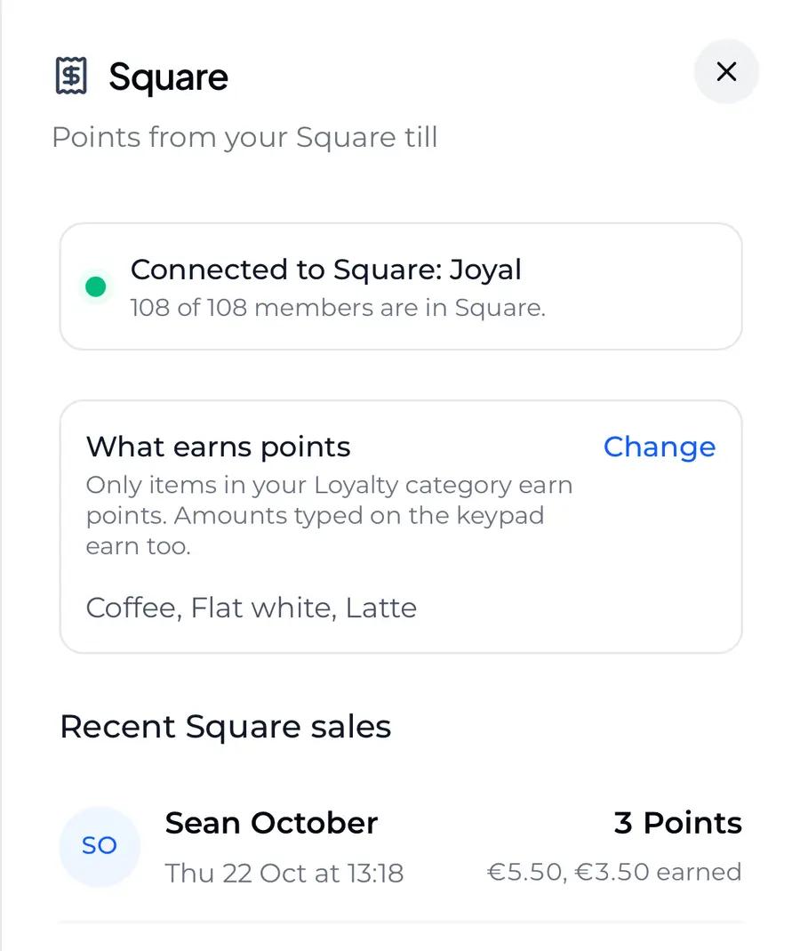 Joyal's Square screen with Loyalty chosen, and the test sale under Recent Square sales, 3 Points, €5.50, €3.50 earned, marked