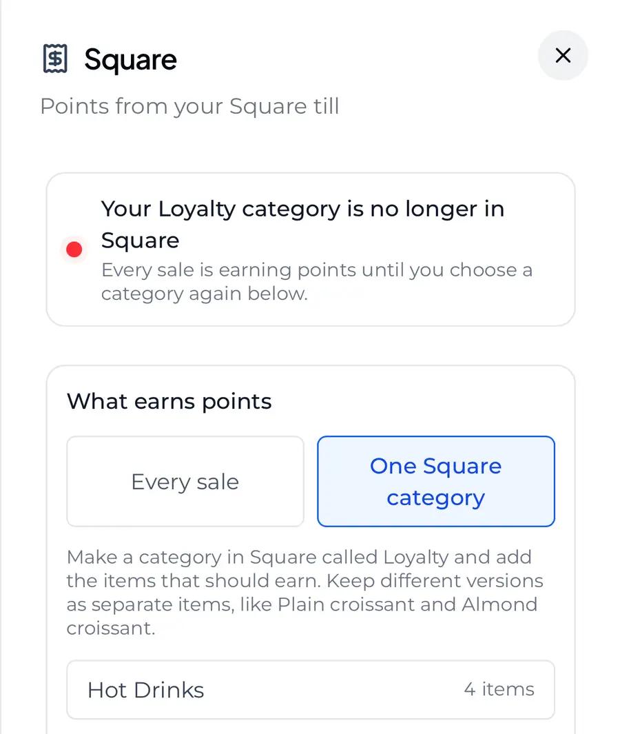 Joyal's Square screen with the red line Your Loyalty category is no longer in Square, marked, and What earns points open to choose a category again