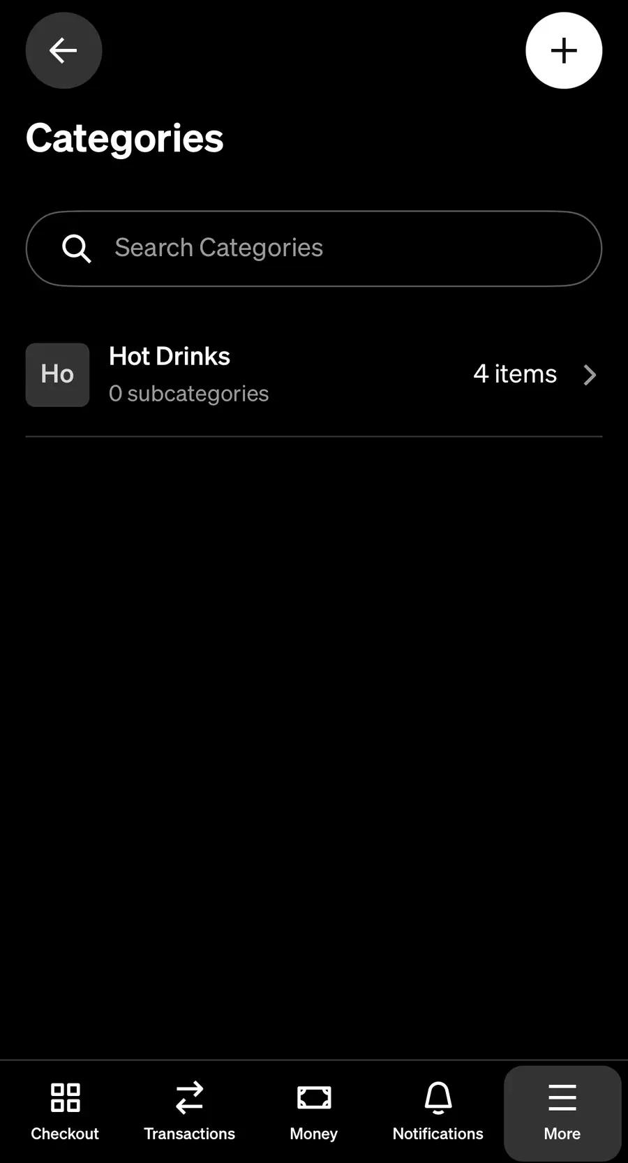 Square's Categories list with the plus button at the top right marked