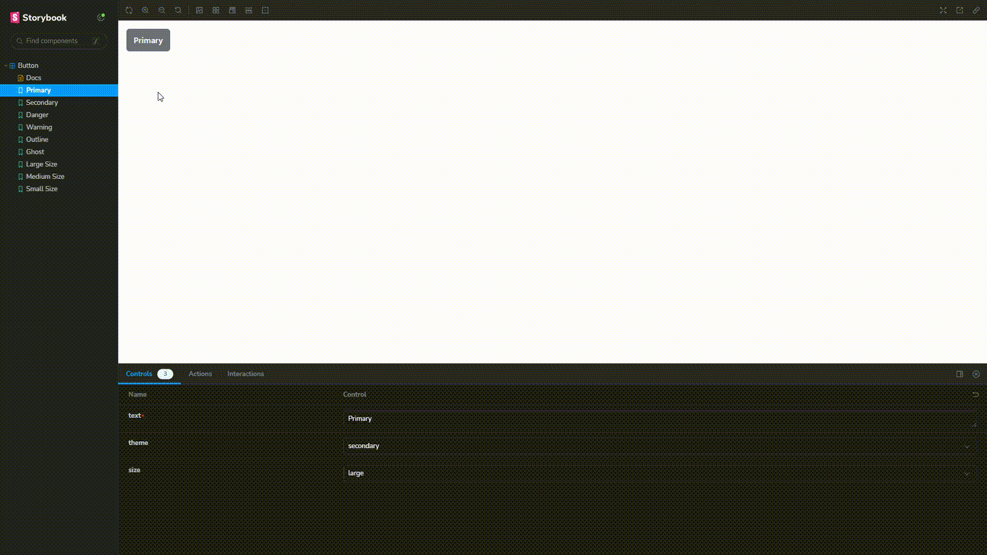 Screen recording of the Storybook Controls panel for the Primary Button story, where the theme and size controls change the button's appearance