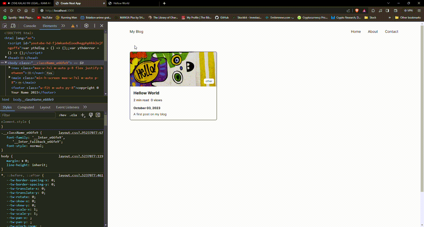 Screen recording of the blog homepage showing an article card with 0 views, used to demonstrate incrementing the view count