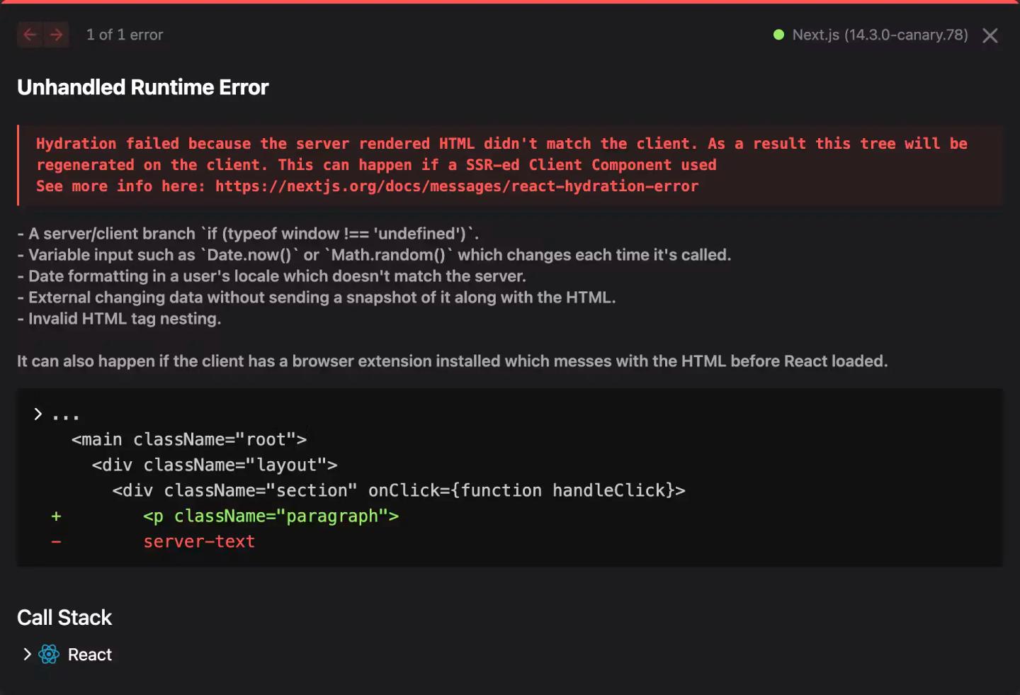 Improved Next.js hydration error overlay showing a code diff, with the client's <p className="paragraph"> marked as added and the server's "server-text" marked as removed