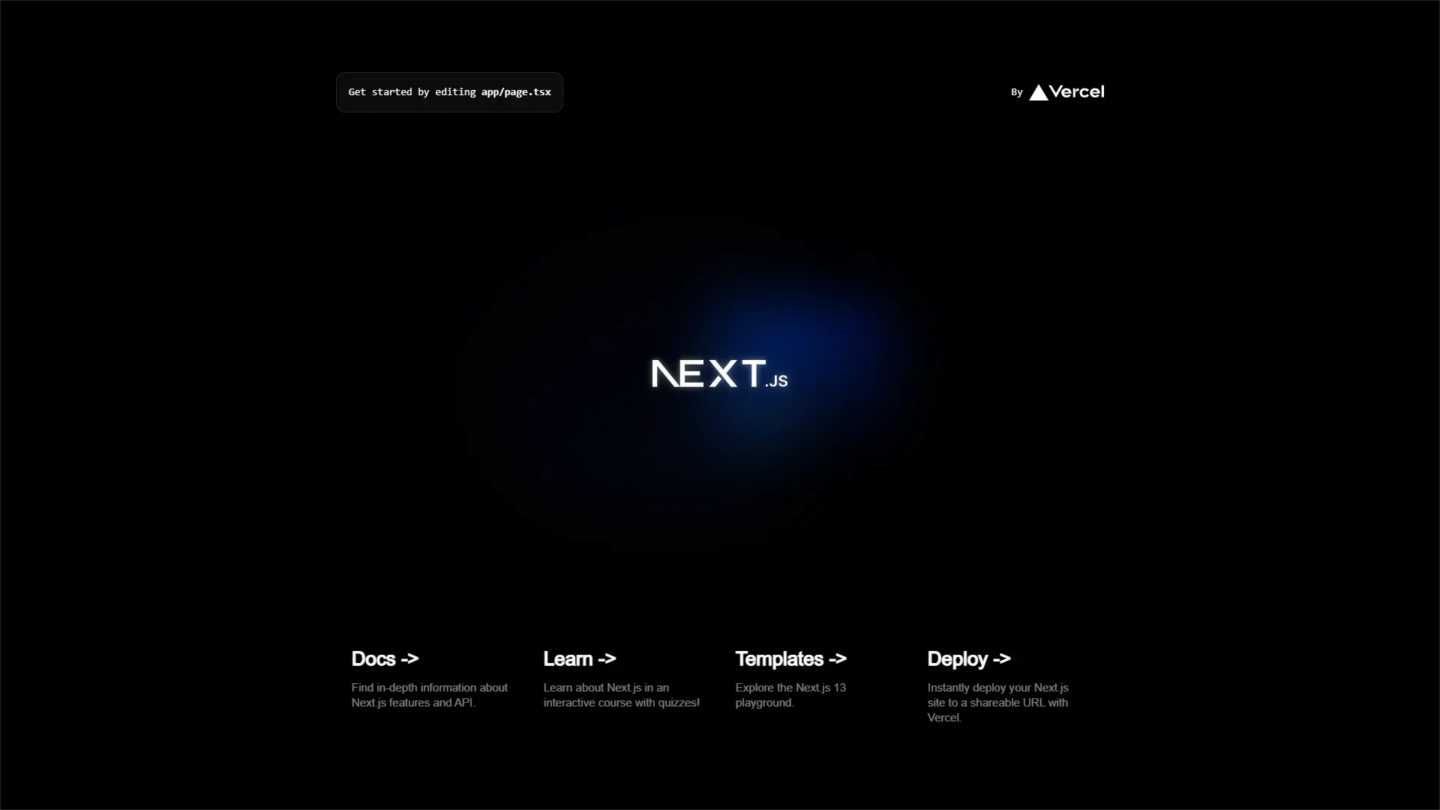 Default Next.js 13 starter page with the Next.js logo and links to Docs, Learn, Templates, and Deploy